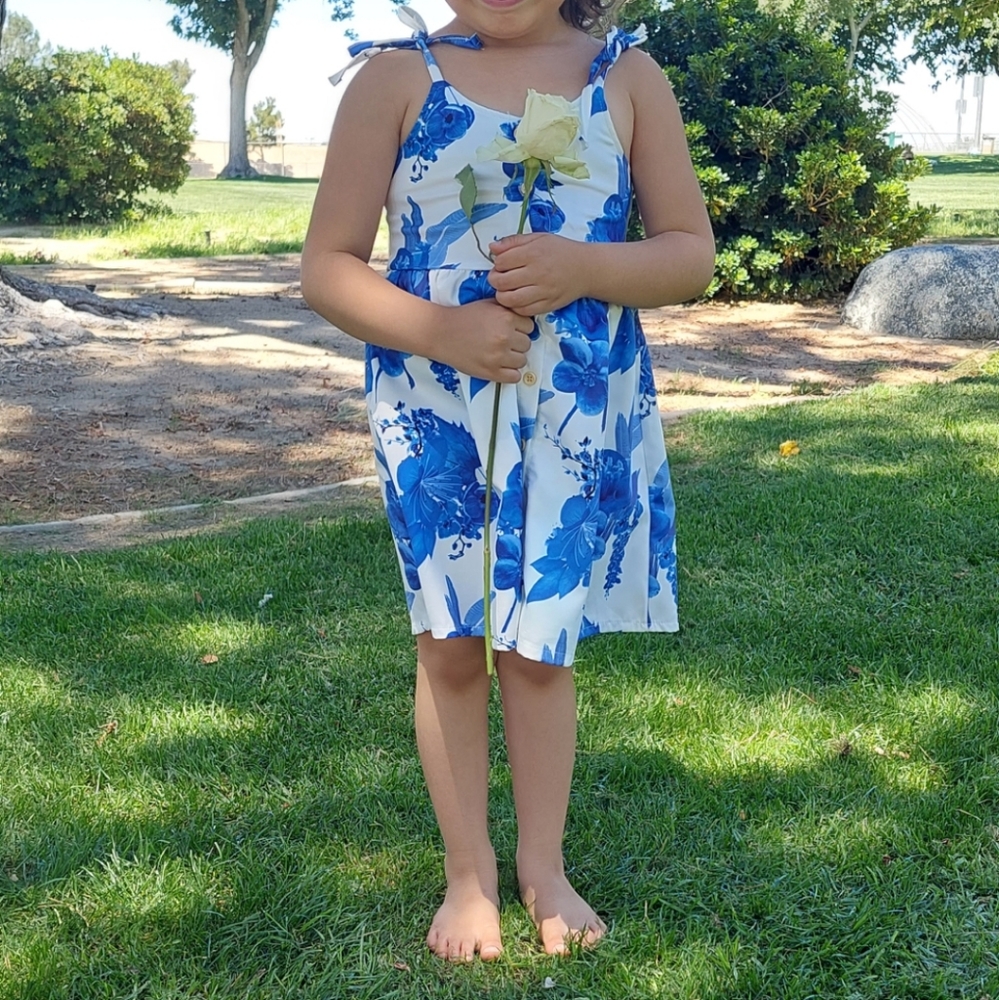 Girls blue and white floral dress with cream buttons and a satin like material.